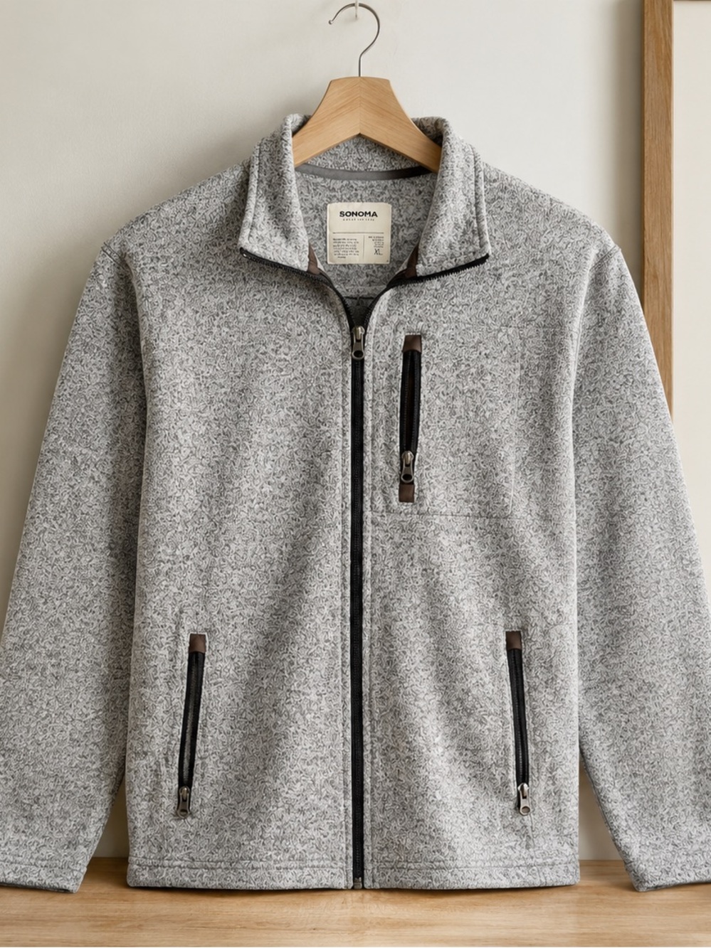 Sonoma Goods for Life Men’s XL Gray Fleece Full Zip Jacket 3 Zip Pockets